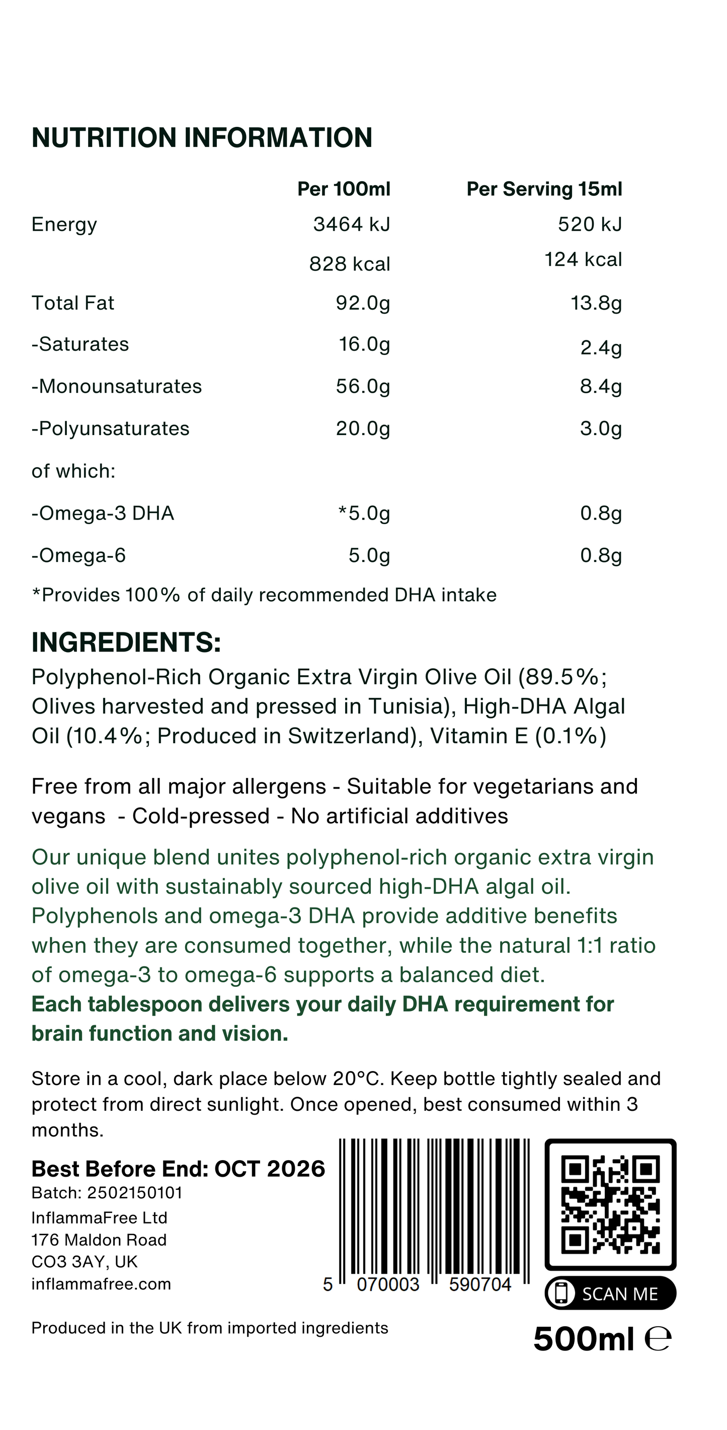 InflammaFree DHA-enriched olive oil – 500ml bottle with polyphenols back label
