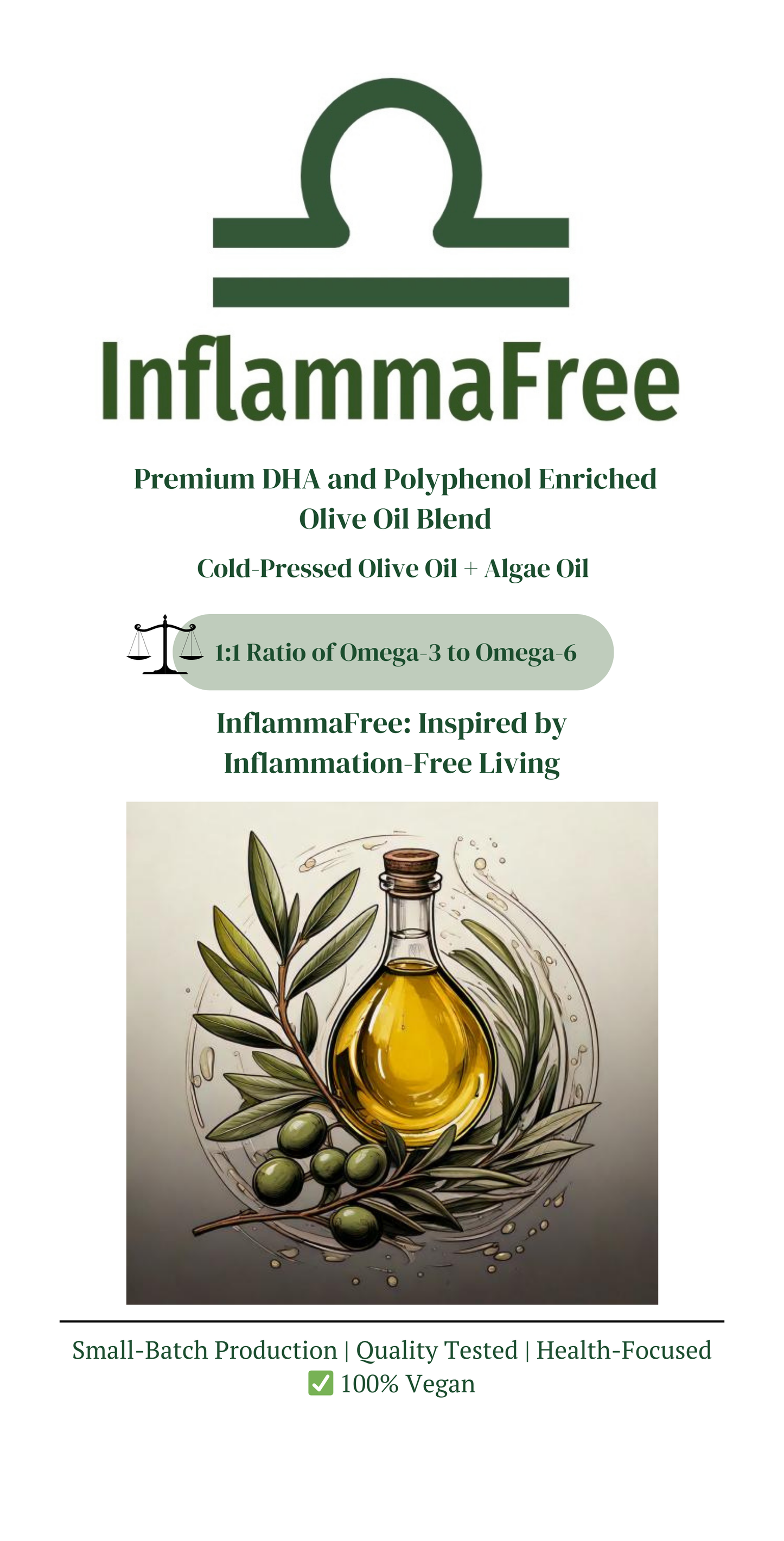 InflammaFree DHA-enriched olive oil – 500ml bottle with polyphenols Front Label