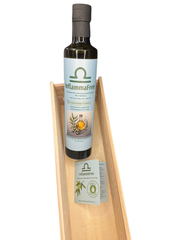 InflammaFree DHA-enriched olive oil – 500ml bottle with polyphenols in shipping box with leaflet