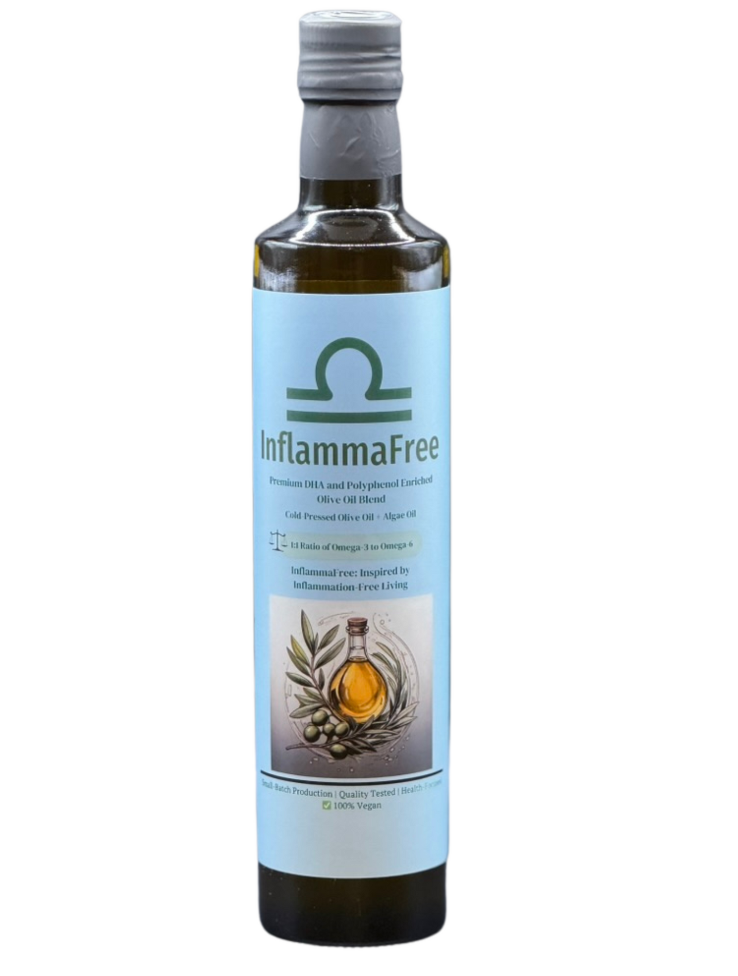 500ml bottle of DHA-rich InflammaFree high polyphenol olive oil blend